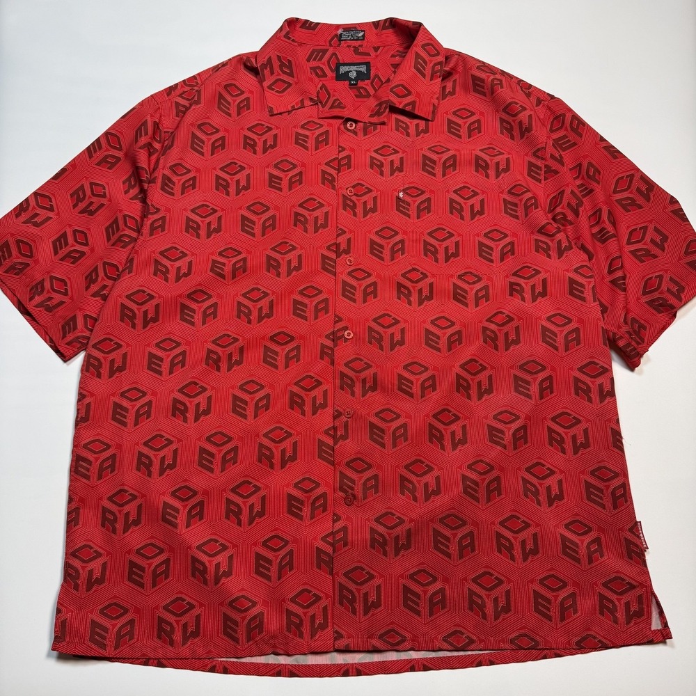 Rocawear Shirt Mens XL Red Allover Logo Print Short Sleeve Button Up Streetwear